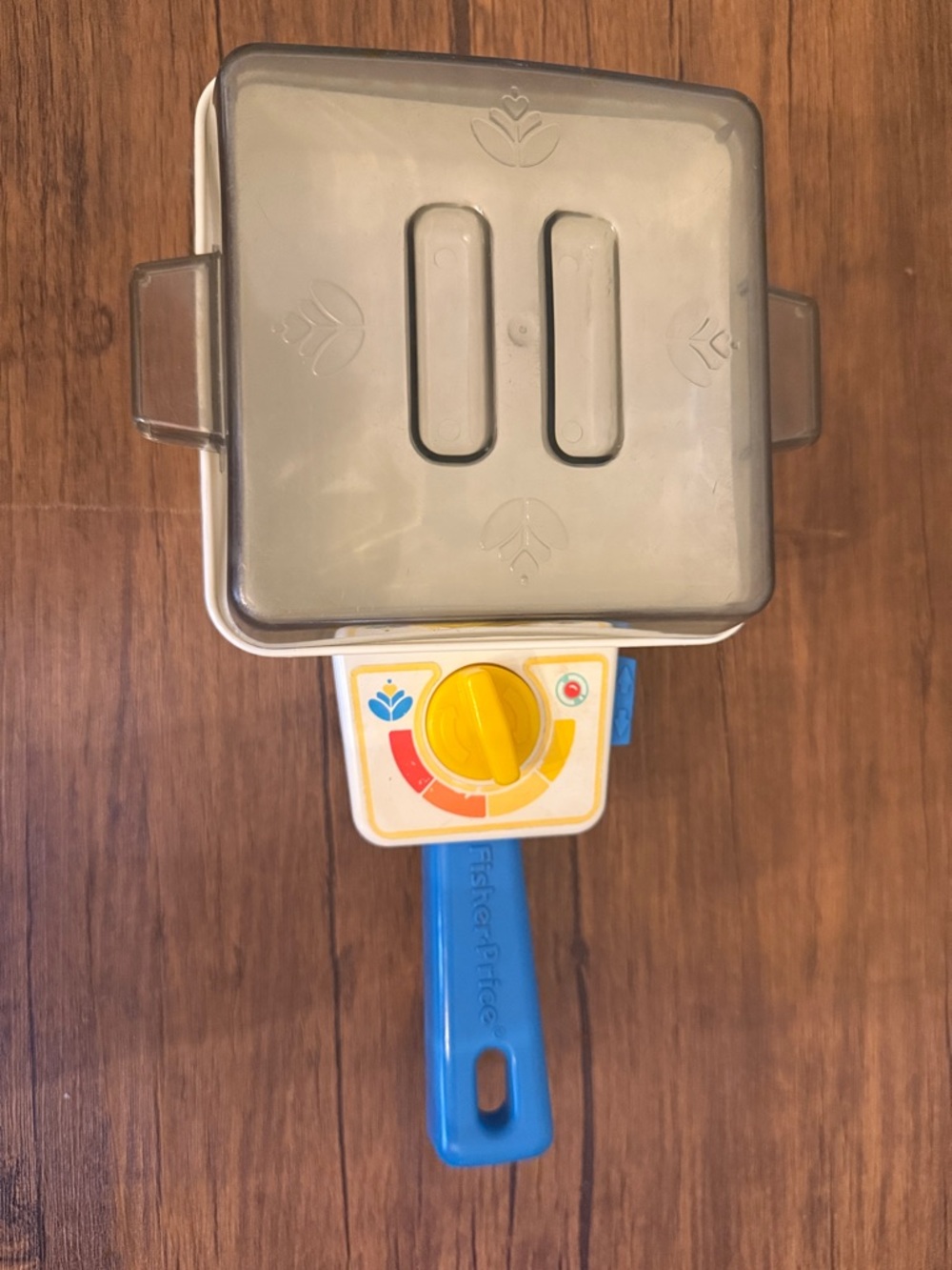 Fisher-Price Blue Handle Play Toaster with Gray Top and Yellow Dial